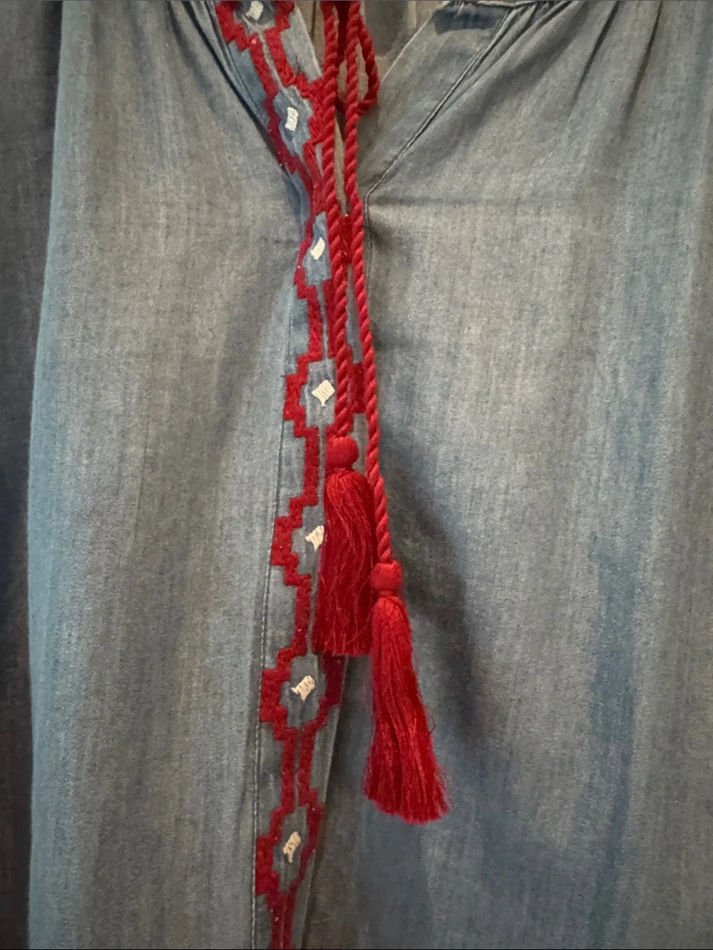 Style & Co. Blue Embroidered Peasant Blouse with Red Trim - Picture 2 of 6